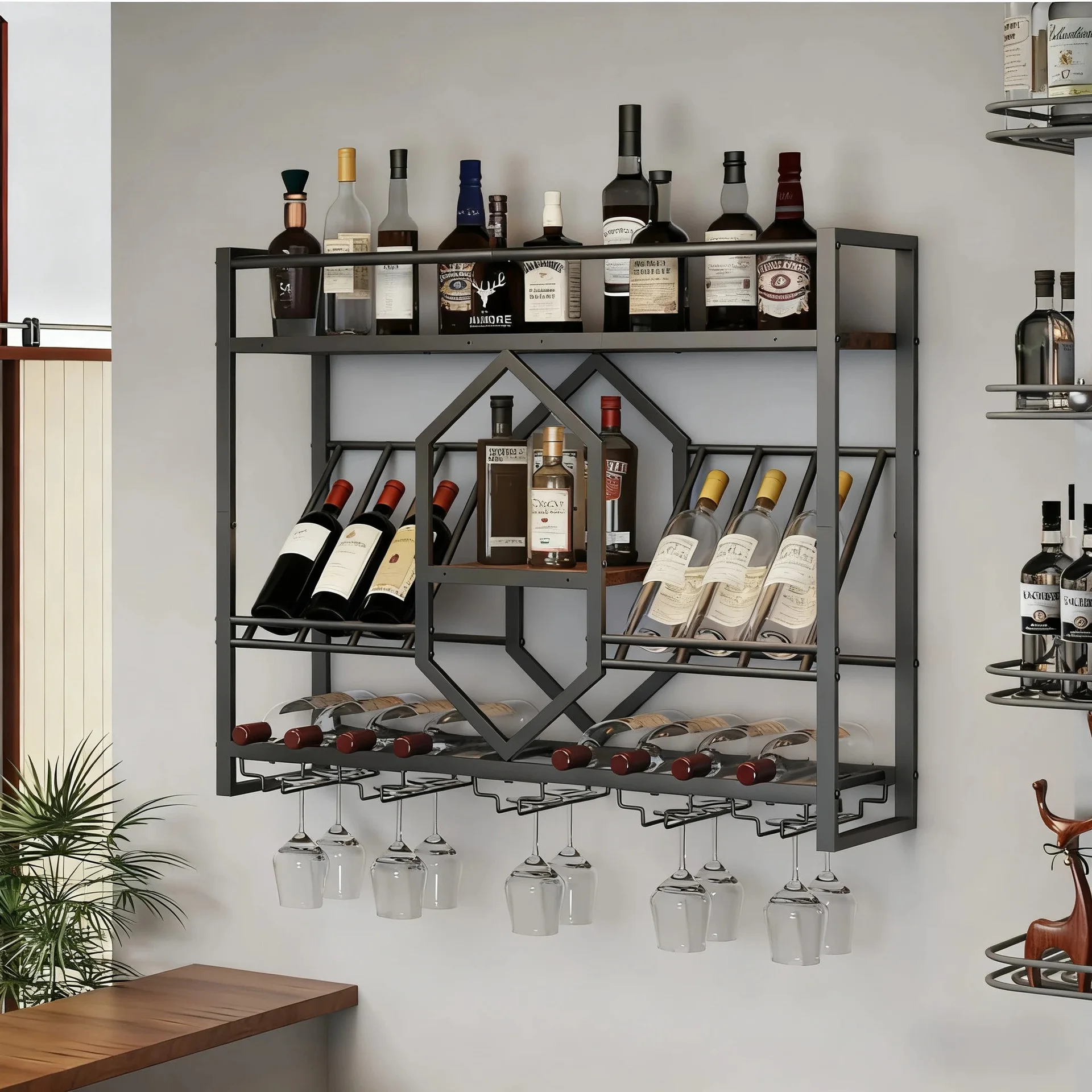 Wine Rack Wall Mount - رف نبيذ من الحديد المطاوع، خزانة